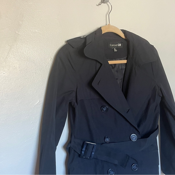 Forever 21 F21 Navy Blue Short Trench Raincoat Jacket w Belt, Size Small - Picture 9 of 10
